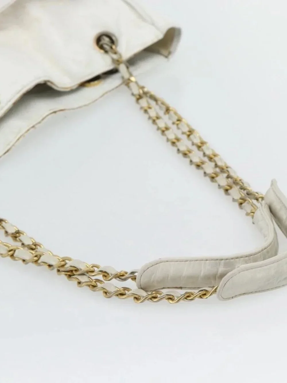 CHANEL Chain Shoulder Bag Leather White Gold CC Auth mr2247